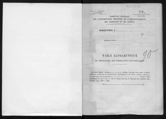 Conservation des hypothèques de CORBEIL. - Table alphabétique du répertoire des formalités hypothécaires, volume n° 90 : A-Z (registre ouvert vers 1930). 