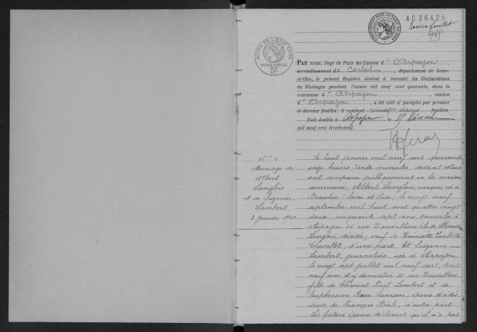 ARPAJON.- Mariages : registre d'état civil (1940). 