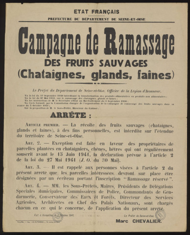 Seine-et-Oise [Département]. - Arrêté préfectoral portant sur le ramassage des fruits sauvages [châtaignes, glands], 8 octobre 1941. 