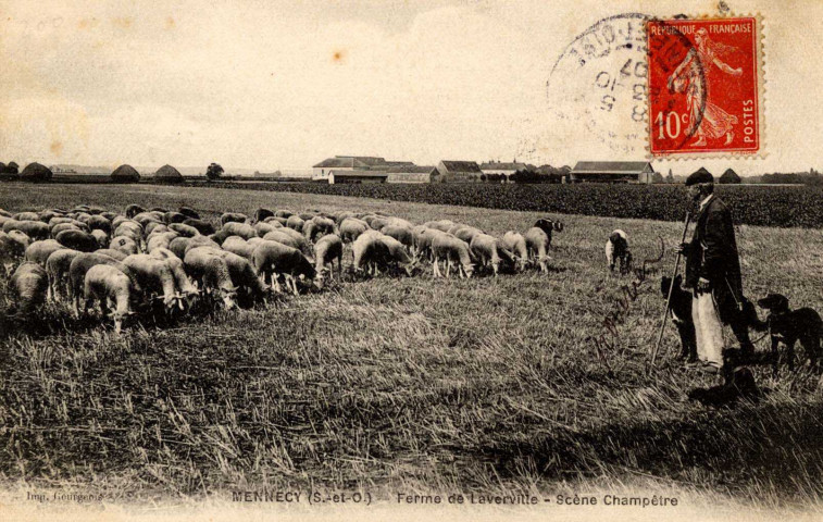MENNECY. - Ferme de Laverville - Scène champêtre : troupeau de moutons au pâturage . Imprimerie Gourgeois, 1907, timbre à 10 centimes. 