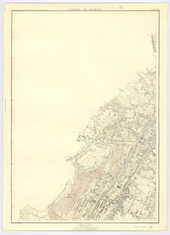 Plan topographique régulier de PALAISEAU dressé et dessiné en 1944 par R. COLIN, géomètre, topographe, vérifié en 1945 par M. BUNEAUX, ingénieur-géomètre, mis à jour par R. COLIN, géomètre-expert, feuille 3, 1960. Ech. 1/2.000. N et B. Dim. 1,08 x 0,79. 