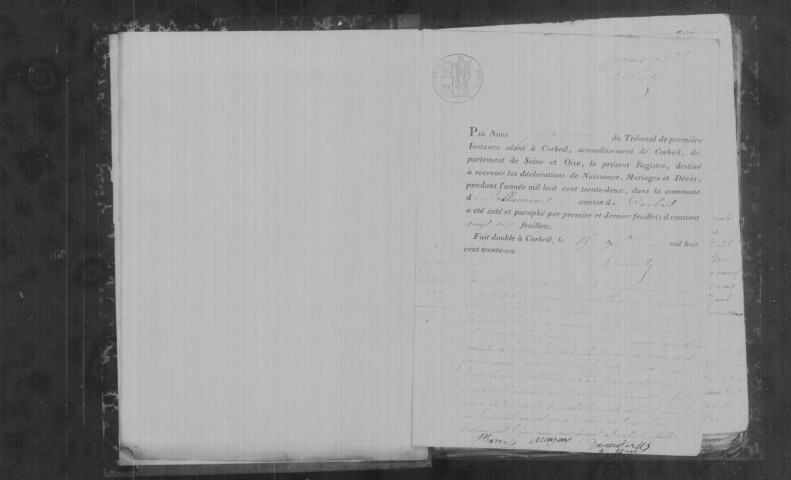 BALLANCOURT-SUR-ESSONNE. Naissances, mariages, décès : registre d'état civil (1832-1840). 