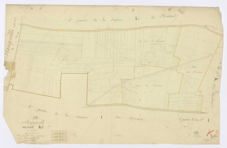 BOIGNEVILLE. - Section K - Boulins (les), 2, ech. 1/1250, coul., aquarelle, papier, 62x95 (1813). 