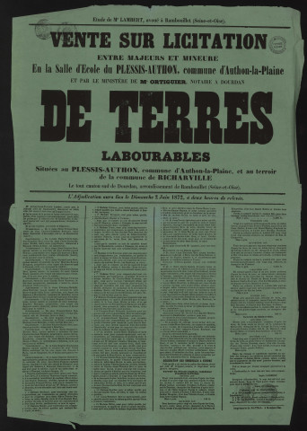 PLESSIS-SAINT-BENOIST (le), RICHARVILLE. - Vente sur licitation de terres labourables, 2 juin 1872. 