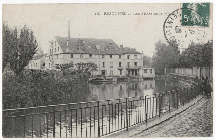 ESSONNES. - Les allées, le moulin et l'usine de pesage, 1909, 4 mots, 5 c, ad. 