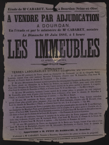 DOURDAN.- Vente par adjudication de terres labourables appartenant à M. PETIT dit BARBACHE, 19 juin 1881. 