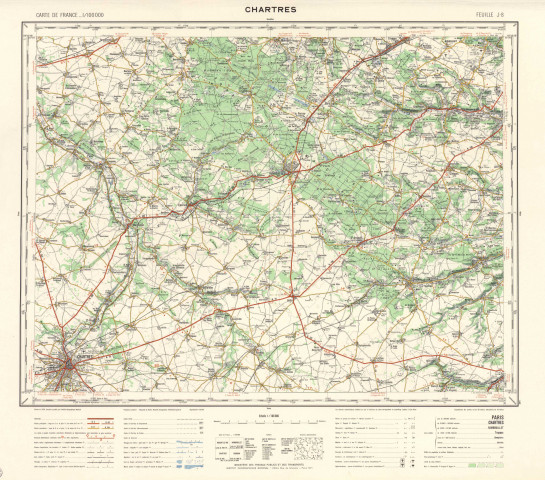 CHARTRES (Eure-et-Loir). - Carte de France, feuille J-8, dressé, dessiné et publié par l'Institut géographique national, 1958. Ech. 1/100 000. Papier. Coul. Dim. 56 x 73 cm. [1 plan]. 