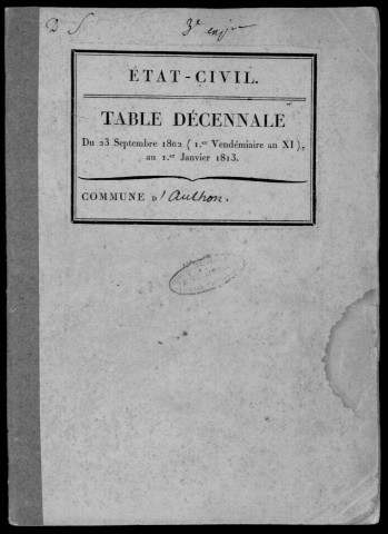 AUTHON-LA-PLAINE. Tables décennales (1802-1902). 