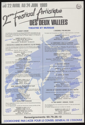 BOIGNEVILLE-SUR-ESSONNE, BUNO-BONNEVAUX, COURANCES, COURDIMANCHE-SUR-ESSONNE, DANNEMOIS, GIRONVILLE-SUR-ESSONNE, MAISSE, MILLY-LA-FORET, MOIGNY-SUR-ECOLE, SOISY-SUR-ECOLE.- Programme du 2ème festival artistique des Deux Vallées, 22 avril-24 juin 1989. 