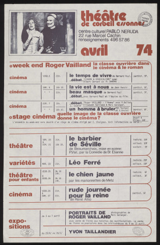 CORBEIL-ESSONNES. - Cinéma, théâtre, expositions : programme culturel, Centre culturel Pablo Néruda, avril 1974. 