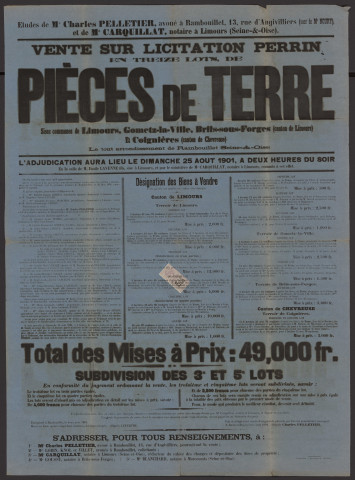LIMOURS, GOMETZ-LA-VILLE, BRIIS-SOUS-FORGES.- Vente sur licitation de terres labourables, 25 août 1901. 