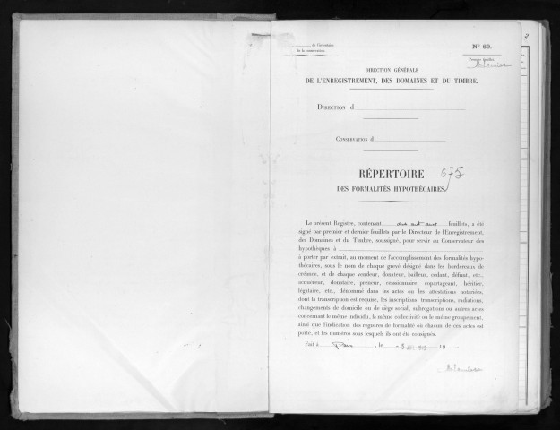 Conservation des hypothèques de CORBEIL. - Répertoire des formalités hypothécaires, volume n° 675 : A-Z (registre ouvert en 1949). 