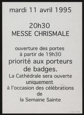 EVRY. - Célébrations de la Semaine Sainte : messe chrismale, Cathédrale d'Evry, 11 avril 1995. 