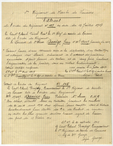 Jean DANIGOT.- Citations et remerciements, 1916-1918. (3 pièces).