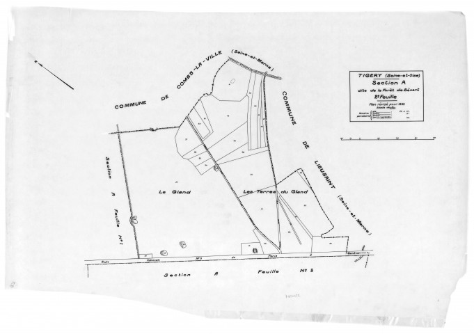 TIGERY. - Cadastre révisé pour 1933 : plans de la section A la Forêt de Sénart 2ème feuille, idem 3ème feuille, [2 plans]. 