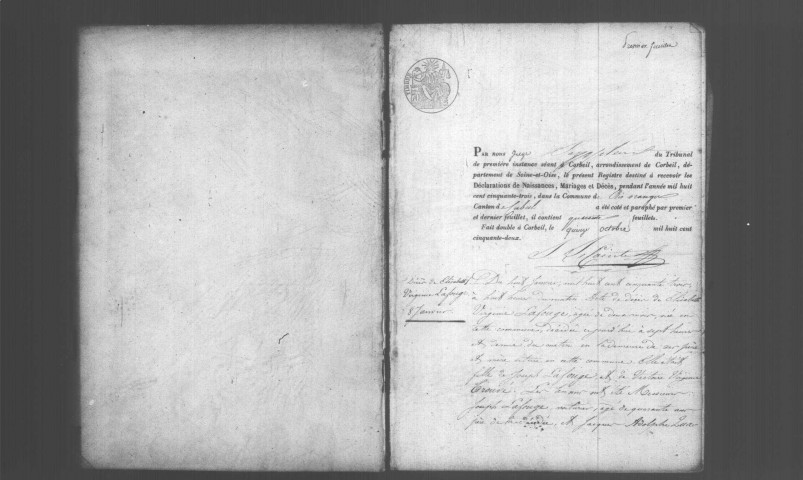 RIS-ORANGIS. Naissances, mariages, décès : registre d'état civil (1853-1857). [Nota bene : jugement du 8 mai 1854, rectificatif d'un acte de mariage (deux feuillets)]. 