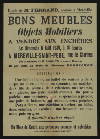 MEREVILLE. - Vente aux enchères de meubles et objets mobiliers par suite du décès de M. BERNICHON, rue de Chartres, 6 mai 1934. 