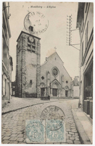 MONTLHERY. - L'église et la place [Editeur Bourdier, 2 timbres à 5 centimes]. 