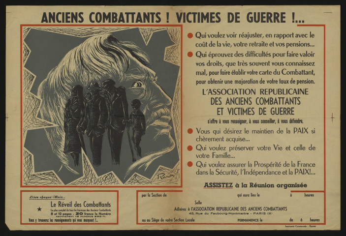 France [Pays]. - Anciens combattants ! Victimes de guerre !...., l'Association républicaine des anciens combattants et victimes de guerre s'offre à vous renseigner, à vous conseiller, à vous défendre (1920). 