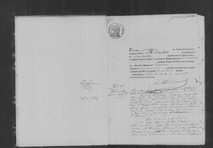 DOURDAN. Naissances, mariages, décès : registre d'état civil (1846-1847). 