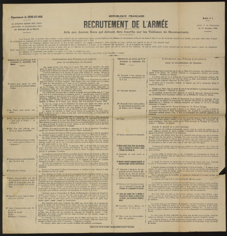 Seine-et-Oise [Département]. - Recrutement de l'armée. Avis aux jeunes gens qui doivent être inscrits sur les tableaux de recensement (1925). 