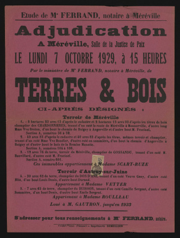 MEREVILLE. - Vente par adjudication de terres labourables et bois appartenant à Mme SCART-RUZé, 7 octobre 1929. 