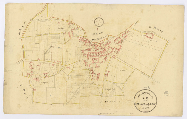 BRUYERES-LE-CHATEL. - Section B - du Village et d'Arny, 1, ech. 1/2500, coul., aquarelle, papier, 60x95 (1820).