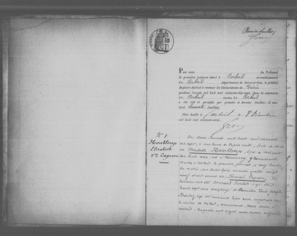 CORBEIL. Décès : registre d'état civil (1877). 