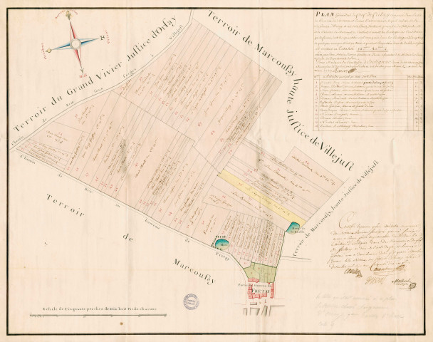 Titres féodaux et de familles. - Seigneurie d'Orsay : Plan géométral du fief du FRETAY, en la paroisse de VILLEJUST, dressé pour la comtesse d'ESCLIGNAC par RIVIERE (1779).