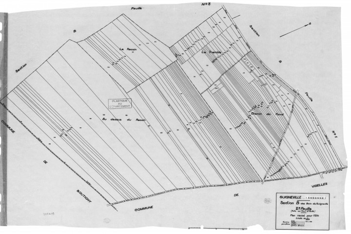 GUIGNEVILLE.- Cadastre révisé pour 1934 : plan du tableau d'assemblage, plans de la section A le Village, section B les Bois de Guigneville 1ère feuille, idem 2ème feuille, idem 3ème feuille ; cadastre révisé pour 1934 mis à jour pour 1956 : plan de la section C les Hameaux de Jouy sous Clercy, [6 plans]. 
