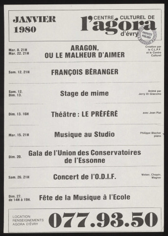 EVRY. - Théâtre, musique : programme culturel, Centre culturel de l'Agora, janvier 1980. 