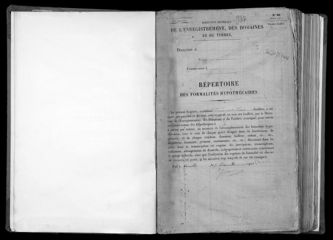 Conservation des hypothèques de CORBEIL. - Répertoire des formalités hypothécaires, volume n° 337 : A-Z (registre ouvert en 1901). 
