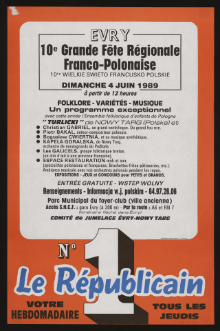 EVRY. - 10ème grande fête régionale franco-polonaise : folklore, variétés, musique, Foyer-Club, 4 juin 1989. 