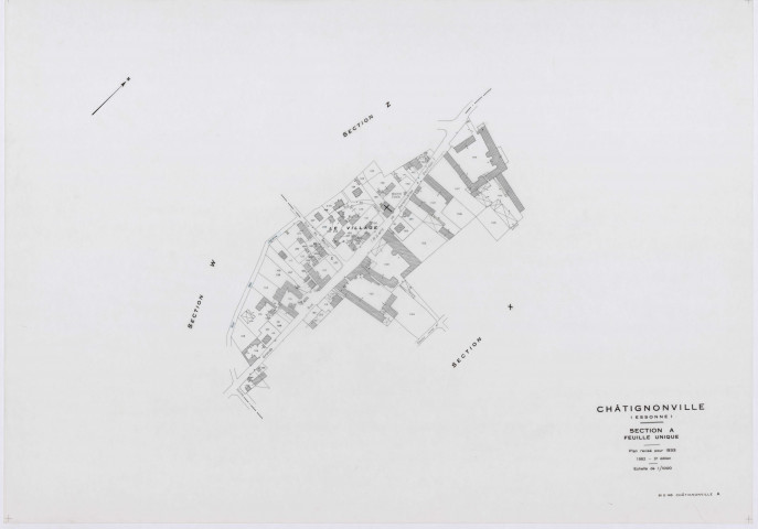 CHATIGNONVILLE, plans minutes de conservation : tableau d'assemblage, 1933, Ech. 1/5000 ; plans des section A, 1933, Ech. 1/1000, sections W, X, Y, Z, 1957, Ech. 1/2000, section ZA, 1975, Ech. 1/2000. Polyester. N et B. Dim. 105 x 80 cm [7 plans]. 