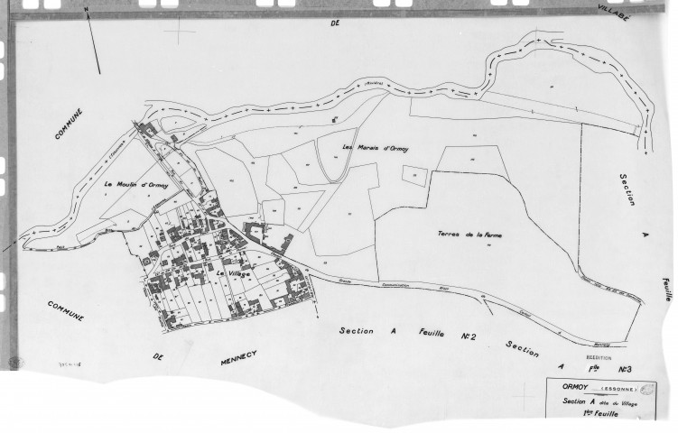 ORMOY. -Cadastre révisé pour 1938 : plan du tableau d'assemblage , plans de la section A le Village 1ère feuille, idem 2ème feuille, idem 3ème feuille, sectin B la Côte de Roissy ; cadastre révisé pour 1938 mis à jour pour 1978 : plan de la section B la Côte de Roissy, [6 plans]. 