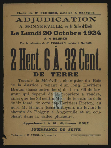 MEREVILLE. - Vente par adjudication de terres labourables appartenant à M. Alphonse BOUé, 20 octobre 1924. 