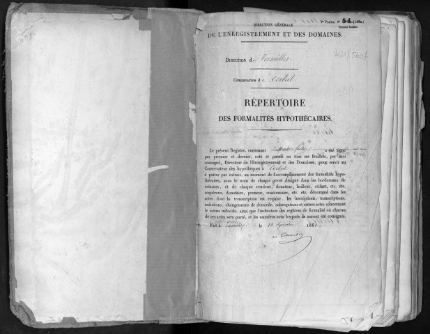 Conservation des hypothèques de CORBEIL. - Répertoire des formalités hypothécaires, volume n° 230 : A-Z (registre ouvert en 1861). 