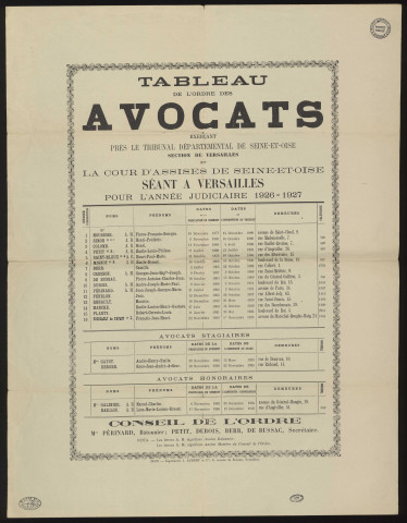 SEINE-ET-OISE (Département).- Tableau de l'ordre des avocats exerçant au Tribunal départemental de Seine-et-Oise et à la Cour d'Assises de Seine-et-Oise de Versailles, 1926. 