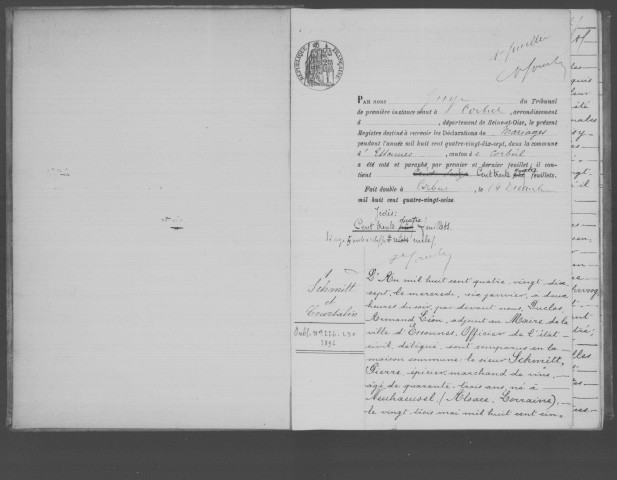ESSONNES. Mariages : registre d'état civil (1897). 
