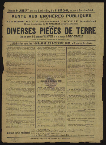 ORSONVILLE, PARAY-DOUAVILLE (Yvelines).- Vente aux enchères publiques de diverses pièces de terre, 22 décembre 1889. 