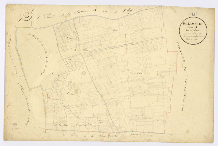 BALLANCOURT-SUR-ESSONNE. - Section A - Village (le), 2, ech. 1/2500, coul., aquarelle, papier, 67x100 (1823). 