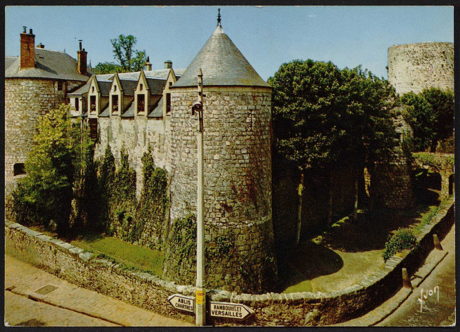 Dourdan .- Le château vu de l'angle Nord-Est, une partie de la façade, le fossé Nord, la tour du point et le donjon [1975-1980]. 