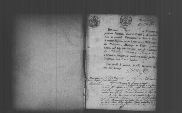 BRUNOY. Naissances, mariages, décès : registre d'état civil (1818-1825). 