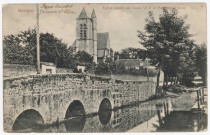 MORIGNY-CHAMPIGNY. - Eglise et le pont sur la Juine (église fondée par Louis VI) [1907, timbre à 5 centimes]. 