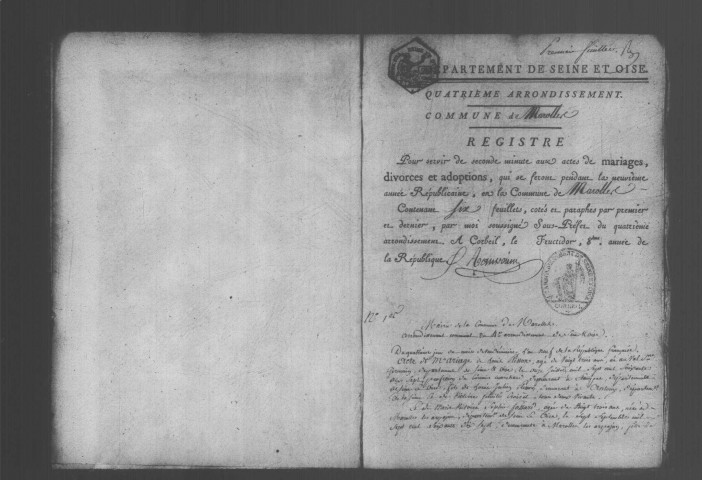 MAROLLES-EN-HUREPOIX. Naissances, mariages, décès : registre d'état civil (an IX-1813). [Nota bene : an XIII après an XIV]. 