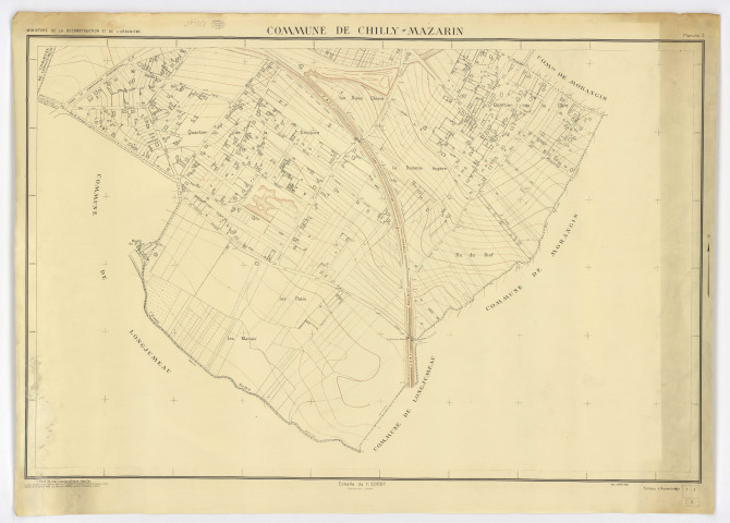 Fonds de plan topographique régulier de CHILLY-MAZARIN dressé et dessiné par M. POUSSIN, géomètre, vérifié par M. GRANIER, ingénieur-géomètre, feuille 3, Ministère de la Reconstruction et de l'Urbanisme, 1946. Ech. 1/2.000. N et B. Dim. 0,73 x 1,01. 