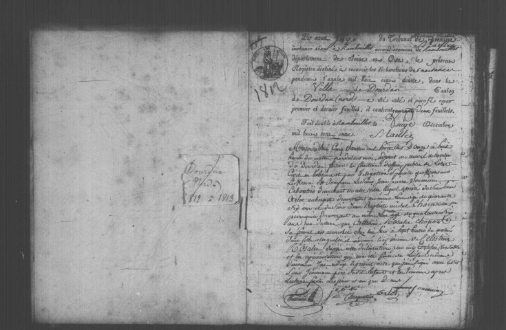 DOURDAN. Naissances, mariages, décès : registre d'état civil (1812-1813). 