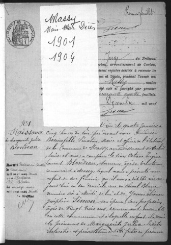 MASSY.- Naissances, mariages, décès : registre d'état civil (1901-1904). 