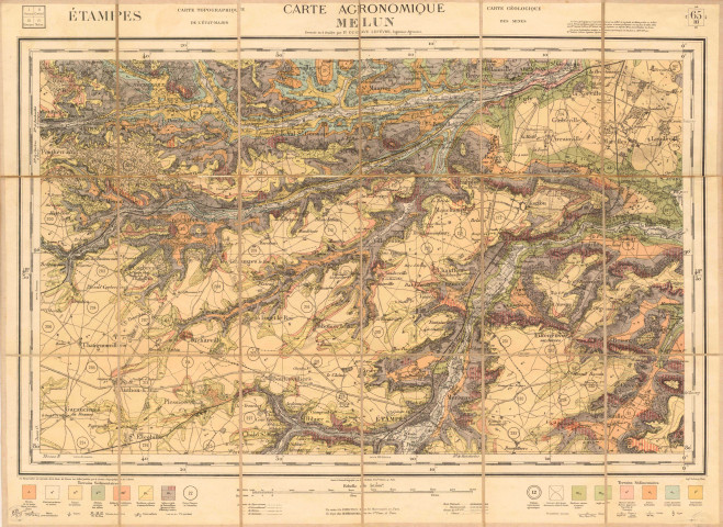 Carte agronomique MELUN (ETAMPES), carte topographique de l'Etat-major et carte géologique des Mines, dressée par Gustave LEFEVRE, ingénieur agronome, 1898-1899. Ech. 1/50 000. Sur toile. Coul. Dim. 0,73 x 0,54. 