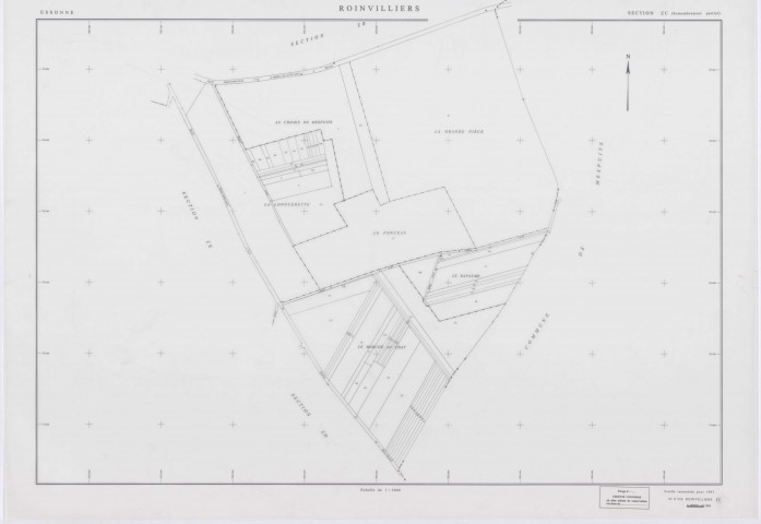 ROINVILLIERS, plans minutes de conservation : tableau d'assemblage, 1998, Ech. 1/5000 ; plans des sections ZB, ZC, ZD, ZE, ZH, ZI, ZK, 1998, Ech. 1/2000. Polyester. N et B. Dim. 105 x 80 cm [8 plans]. 
